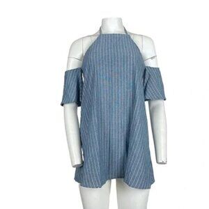 Striped Cold Shoulder Denim Dress Light Wash